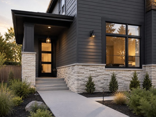 Show a dark residential exterior painting results alongside commercial painting work