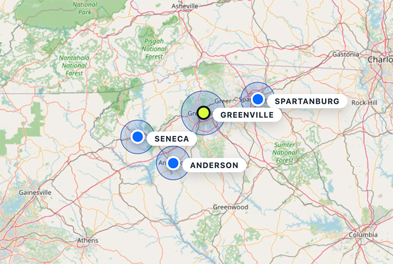 Map showing Greenville, Anderson, Seneca, and Spartanburg service areas
